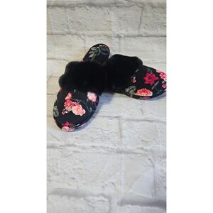 Victoria Secrets Floral Black & Pink With Faux Fur  Women's Slippers Size M 7-8